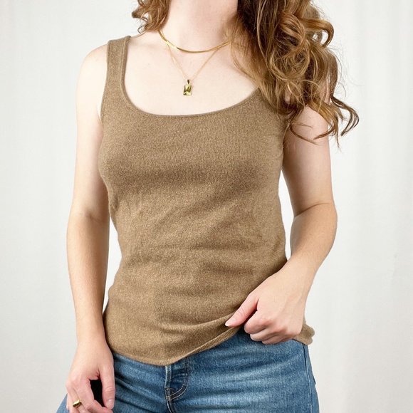 Vintage 100% Cashmere Parisian Camel Tan Brown Tank Top Sweater Capsule Wardrobe - Picture 4 of 8